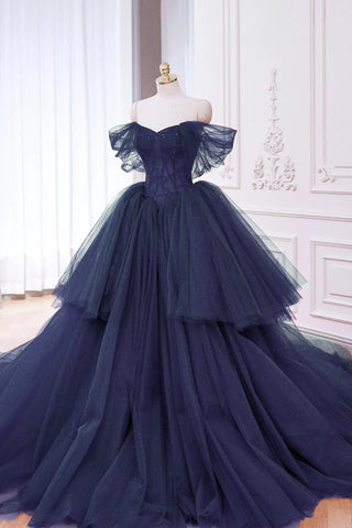 Layers Navy Blue Tulle Off The Shoulder A Line Prom Dress