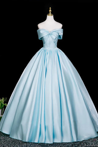 A-Line Backless Satin Button Blue Prom Dress