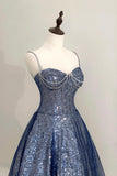 A-Line Spaghetti Strap Blue Tulle Sequins Prom Dress