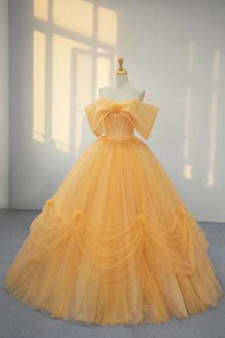A-Line Yellow Tulle Long Off the Shoulder Prom Dress