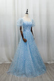 Sparkle Tulle A Line Short Sleeves Blue SnowFlake Prom Dress