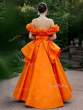 Off The Shoulder Ruffles Satin Orange Prom Dress With Slit