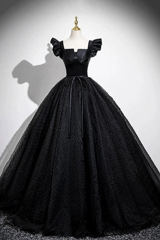 Black A Line Tulle Long Puffy Sleeves Prom Dress