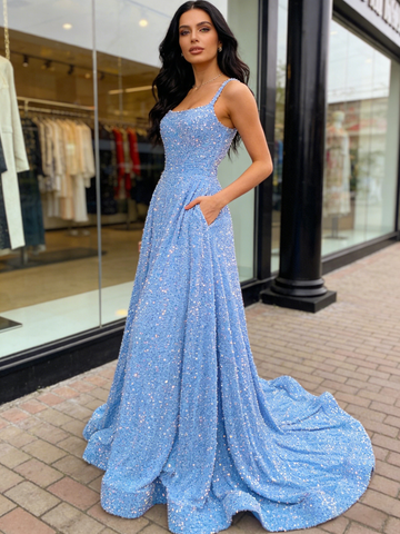 A Line Blue Straps Sequin Prom Dress With Pockets