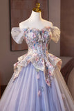 Tulle Floral Appliques Light Purple Off The Shoulder Prom Dress