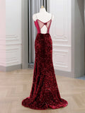 Spaghetti Straps Backless Mermaid Burgundy Sequin Prom Dress