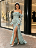 Tassel Green Long Sleeve Off The Shoulder Prom Dress With Slit