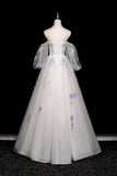 Tulle Sequins Long White Floral A Line Prom Dress