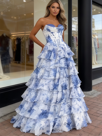 Sweetheart A Line Ruffles Blue Print Tulle Prom Dress