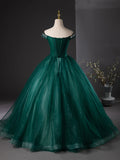 Tulle Sequins Beading Off The Shoulder Dark Green Prom Dress