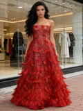 Feather A Line Sparkle Red Strapless Prom Dress