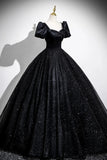 Tulle Long Puffy Sleeve Black Glitter Prom Dress