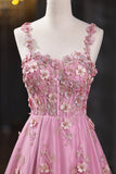 A-Line Spaghetti Straps Pink Applique Tulle Prom Dress