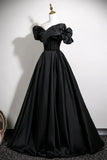 Off the Shoulder A-Line Satin Black Ruffles Prom Dress