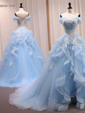 Sky Blue Tulle Ruffles Appliques A Line Prom Dress
