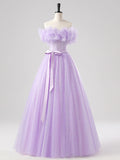 Tulle Floor Length A Line Purple Belt Prom Dress