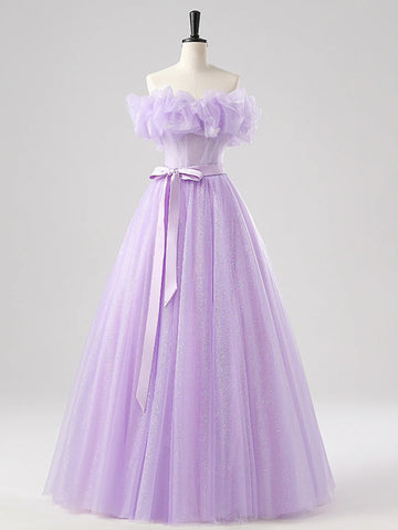 Tulle Floor Length A Line Purple Belt Prom Dress