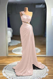 One Shoulder Satin Pleats Crystal Waist Brown Prom Dress