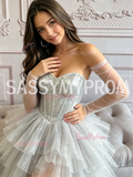 Silver High Low Tulle Sparkle Strapless Long Sleeve Homecoming Dress
