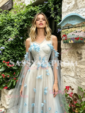 Butterfly Blue Tulle V Neck Pearl A Line Prom Dress With Shawl