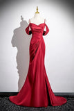Ruched Trumpet Mermaid Detachable Sleeves Burgundy Satin Prom Dress