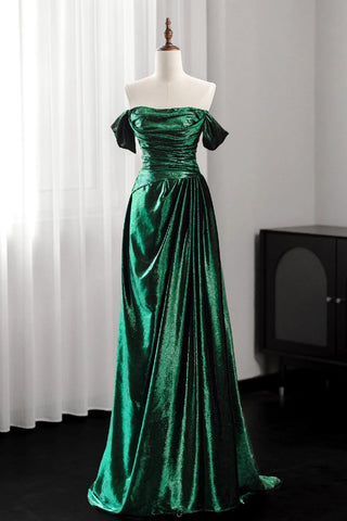 Off The Shoulder Green Ruched Velvet Prom Dress