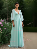 Mint Green A Line Long Sleeve Chiffon Prom Dress With Slit