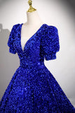 Sequin V Neck Puffy Sleeve Royal Blue Prom Dress