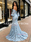 Light Blue Lace Long Sleeve Sweetheart Trumpet Mermaid Prom Dress