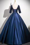 Satin Sequins Half Sleeves Long Navy Prom Dress