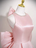 A Line Pink Satin Bow Backless Pearls Scoop Prom Dress