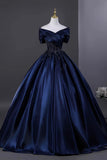 Beading A Line Off The Shoulder Navy Satin Prom Dress