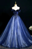 Blue Velvet Off The Shoulder Beading Tulle Prom Dress