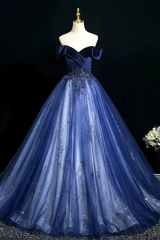 Blue Velvet Off The Shoulder Beading Tulle Prom Dress