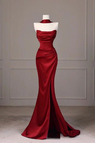 Sweetheart Satin Burgundy Mermaid Prom Dress with Slit