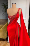 One Shoulder Red Mermaid Satin Prom Dress With Slit