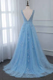 Lace Embroidery Sky Blue A Line Prom Dress