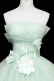 Tull Applique Ball Gown Green Strapless Prom Dress
