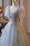 Blue Short Sleeves Square Tulle A Line Floral Prom Dress
