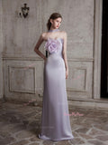 Flower Satin Trumpet Mermaid Lavender Strapless Prom Dress