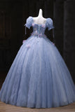 Tulle Square Sequin Puffy Sleeve Blue A Line Prom Dress