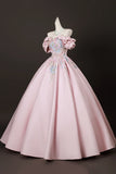 Pink Satin Lace Off The Shoulder A Line Prom Dress