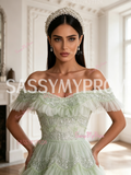 Tulle Sequin Off The Shoulder Light Green A Line Prom Dress
