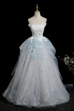 A Line Lace Flower Blue Sparkle Prom Dress