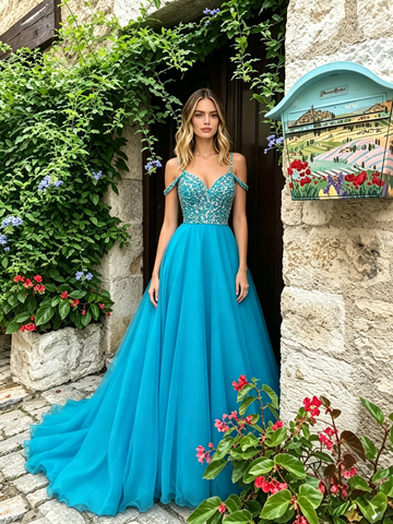 Spaghetti Straps Chiffon Blue Cold Shoulder Beading Prom Dress