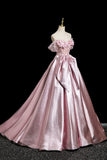 Satin A Line Flower Off The Shoulder Prom Dress