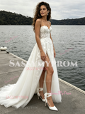 Tulle A Line Appliques Spaghetti Straps Wedding Dress With Slit