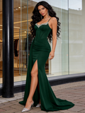 Trumpet Mermaid Satin Spaghetti Straps Beading Prom Dress