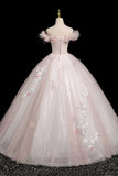 Pink Tulle Flower Off The Shoulder Appliques Prom Dress