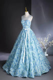 Rose Flower A Line Scoop Print Blue Beading Prom Dress